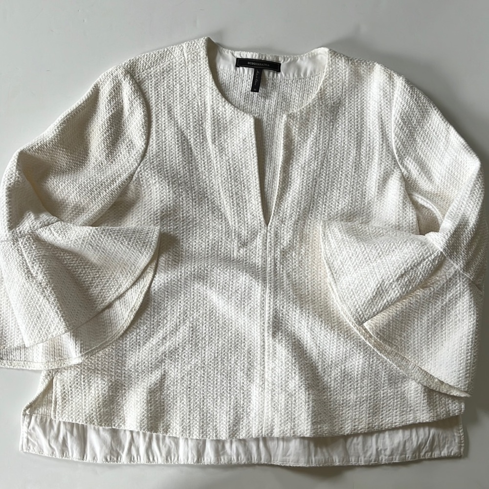 BCBG Max Azria Valari Ruffle Sleeve Striped Top - Size M, Off White Blouse
